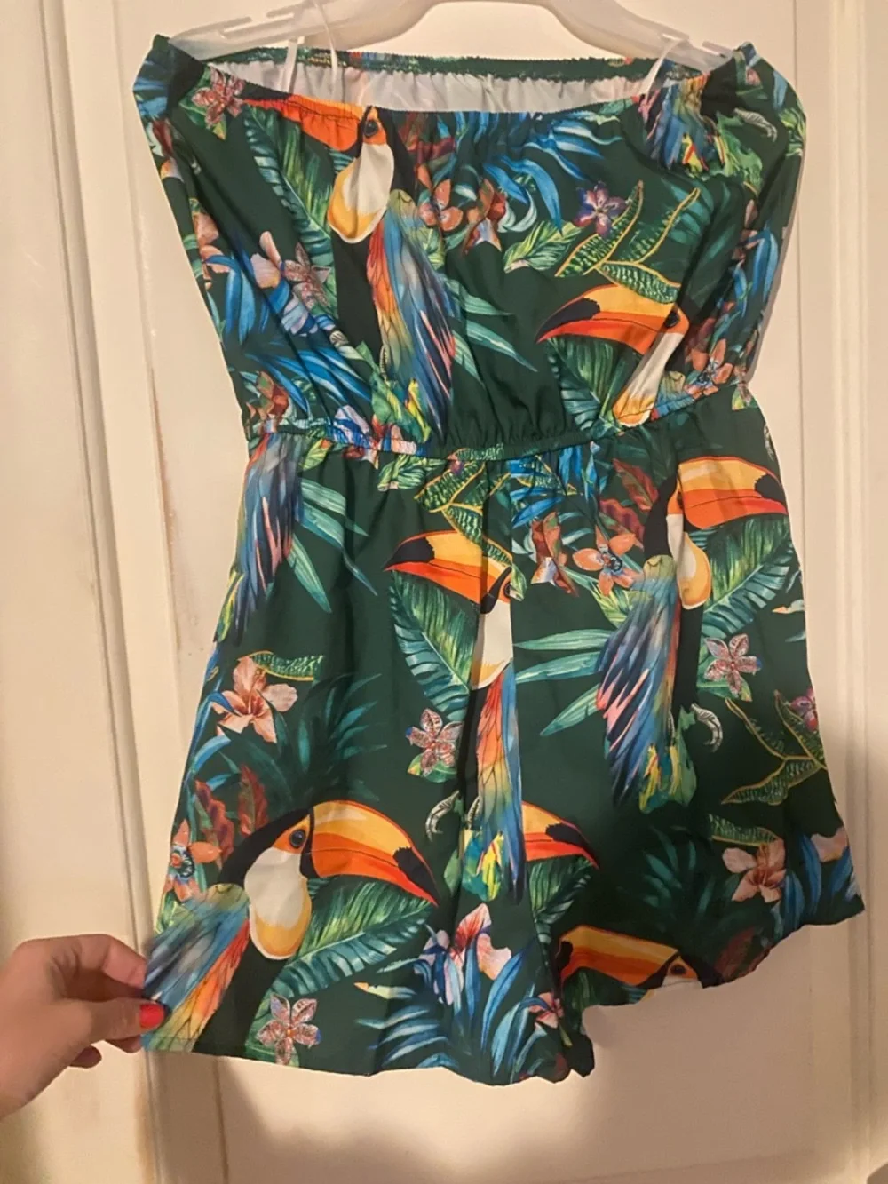 SHEIN Dark Green Tropical Print Strapless Romper with Toucan Accent - Picture 2 of 3